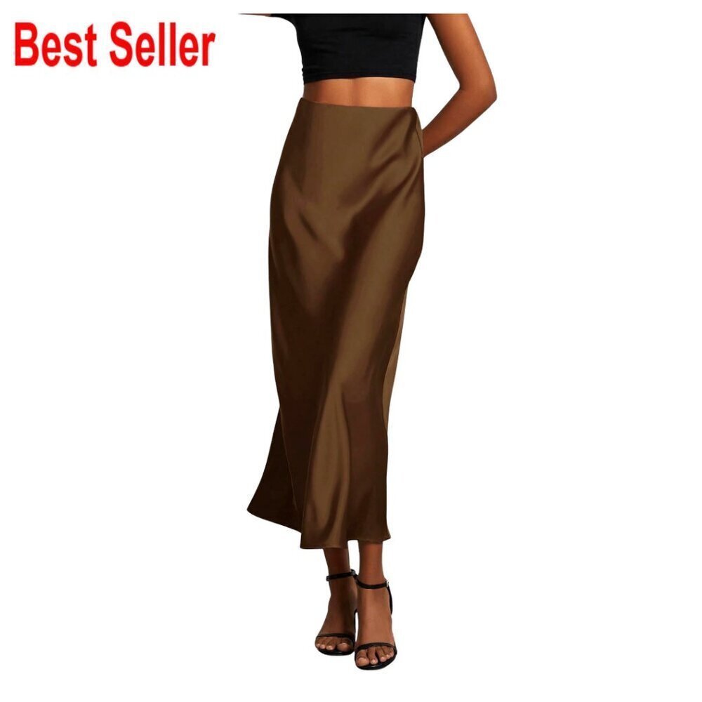 Satin Maxi Skirt High Waisted A-Line Office Casual Long Skirt